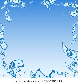 Bitcoin, internet currency notes falling. Random BTC bills on blue sky background. Cryptocurrency, digital money. Admirable vector illustration. Decent jackpot, wealth or success concept.
