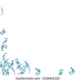 Bitcoin, internet currency notes falling. Sparse BTC bills on white background. Cryptocurrency, digital money. Actual vector illustration. Comely jackpot, wealth or success concept.