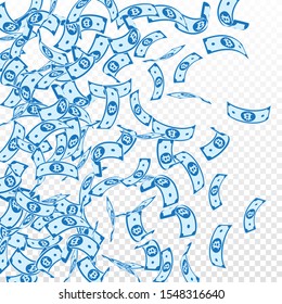 Bitcoin, internet currency notes falling. Floating BTC bills on transparent background. Cryptocurrency, digital money. Admirable vector illustration. Energetic jackpot, wealth or success concept.