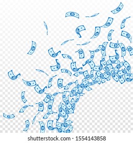 Bitcoin, internet currency notes falling. Small BTC bills on transparent background. Cryptocurrency, digital money. Admirable vector illustration. Overwhelming jackpot, wealth or success concept.
