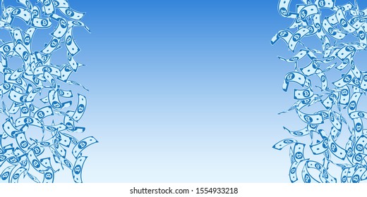 Bitcoin, internet currency notes falling. Floating BTC bills on blue sky background. Cryptocurrency, digital money. Alluring vector illustration. Charming jackpot, wealth or success concept.
