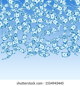Bitcoin, internet currency notes falling. Floating BTC bills on blue sky background. Cryptocurrency, digital money. Alive vector illustration. Flawless jackpot, wealth or success concept.