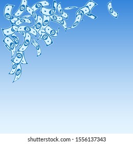 Bitcoin, internet currency notes falling. Floating BTC bills on blue sky background. Cryptocurrency, digital money. Alive vector illustration. Juicy jackpot, wealth or success concept.