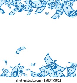 Bitcoin, internet currency notes falling. Messy BTC bills on white background. Cryptocurrency, digital money. Actual vector illustration. Pleasant jackpot, wealth or success concept.