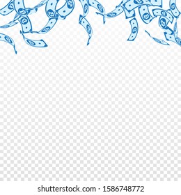 Bitcoin, internet currency notes falling. Floating BTC bills on transparent background. Cryptocurrency, digital money. Actual vector illustration. Great jackpot, wealth or success concept.