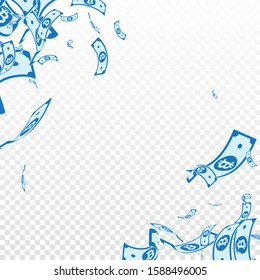 Bitcoin, internet currency notes falling. Messy BTC bills on transparent background. Cryptocurrency, digital money. Adorable vector illustration. Comely jackpot, wealth or success concept.