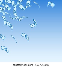 Bitcoin, internet currency notes falling. Floating BTC bills on blue sky background. Cryptocurrency, digital money. Alive vector illustration. Actual jackpot, wealth or success concept.