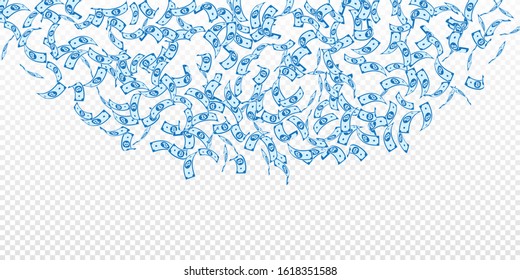 Bitcoin, internet currency notes falling. Sparse BTC bills on transparent background. Cryptocurrency, digital money. Alluring vector illustration. Remarkable jackpot, wealth or success concept.
