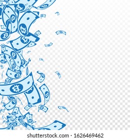 Bitcoin, internet currency notes falling. Messy BTC bills on transparent background. Cryptocurrency, digital money. Adorable vector illustration. Extra jackpot, wealth or success concept.