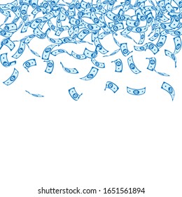 Bitcoin, internet currency notes falling. Small BTC bills on white background. Cryptocurrency, digital money. Adorable vector illustration. Neat jackpot, wealth or success concept.