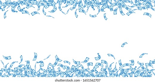 Bitcoin, internet currency notes falling. Small BTC bills on white background. Cryptocurrency, digital money. Alluring vector illustration. Flawless jackpot, wealth or success concept.