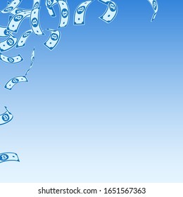 Bitcoin, internet currency notes falling. Floating BTC bills on blue sky background. Cryptocurrency, digital money. Actual vector illustration. Cool jackpot, wealth or success concept.