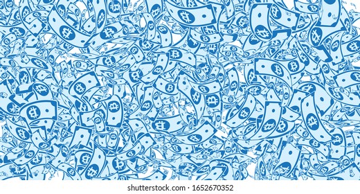 Bitcoin, internet currency notes falling. Messy BTC bills on white background. Cryptocurrency, digital money. Alluring vector illustration. Enchanting jackpot, wealth or success concept.