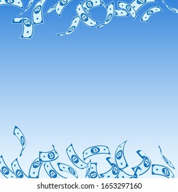 Bitcoin, internet currency notes falling. Floating BTC bills on blue sky background. Cryptocurrency, digital money. Actual vector illustration. Optimal jackpot, wealth or success concept.