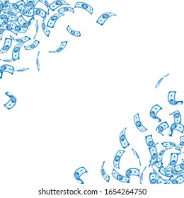 Bitcoin, internet currency notes falling. Small BTC bills on white background. Cryptocurrency, digital money. Adorable vector illustration. Cute jackpot, wealth or success concept.