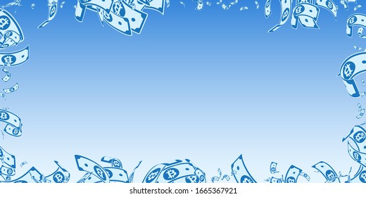Bitcoin, internet currency notes falling. Messy BTC bills on blue sky background. Cryptocurrency, digital money. Alluring vector illustration. Bewitching jackpot, wealth or success concept.