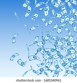 Bitcoin, internet currency notes falling. Floating BTC bills on blue sky background. Cryptocurrency, digital money. Admirable vector illustration. Posh jackpot, wealth or success concept.