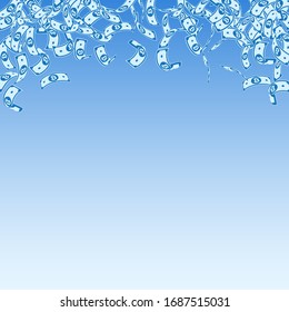Bitcoin, internet currency notes falling. Small BTC bills on blue sky background. Cryptocurrency, digital money. Actual vector illustration. Incredible jackpot, wealth or success concept.