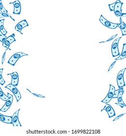 Bitcoin, internet currency notes falling. Floating BTC bills on white background. Cryptocurrency, digital money. Admirable vector illustration. Fresh jackpot, wealth or success concept.
