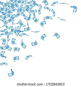 Bitcoin, internet currency notes falling. Small BTC bills on white background. Cryptocurrency, digital money. Alive vector illustration. Astonishing jackpot, wealth or success concept.