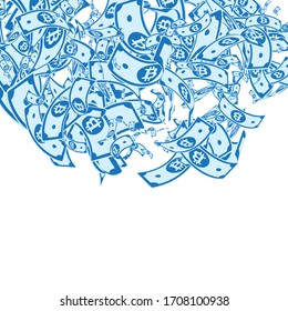 Bitcoin, internet currency notes falling. Messy BTC bills on white background. Cryptocurrency, digital money. Alive vector illustration. Radiant jackpot, wealth or success concept.