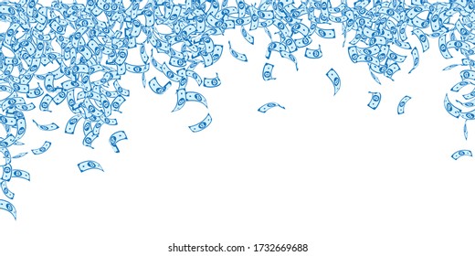 Bitcoin, internet currency notes falling. Small BTC bills on white background. 