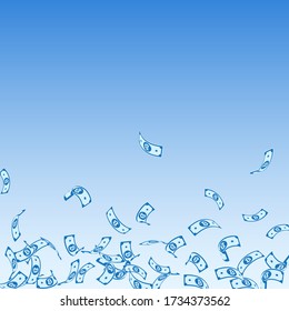 Bitcoin, internet currency notes falling. Sparse BTC bills on blue sky background. Cryptocurrency, digital money. Adorable vector illustration. Emotional jackpot, wealth or success concept.