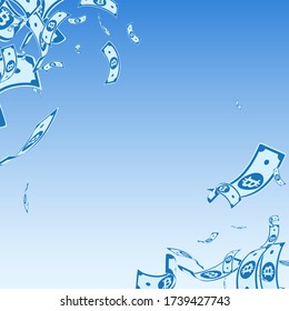 Bitcoin, internet currency notes falling. Messy BTC bills on blue sky background. Cryptocurrency, digital money. Adorable vector illustration. Classy jackpot, wealth or success concept.
