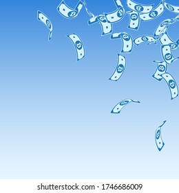 Bitcoin, internet currency notes falling. Floating BTC bills on blue sky background. Cryptocurrency, digital money. Alive vector illustration. Beauteous jackpot, wealth or success concept.