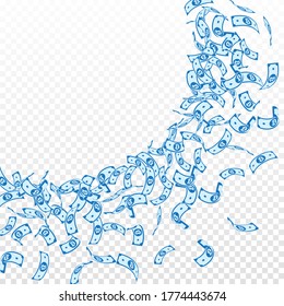 Bitcoin, internet currency notes falling. Small BTC bills on transparent background. Cryptocurrency, digital money. Actual vector illustration. Mind-blowing jackpot, wealth or success concept.