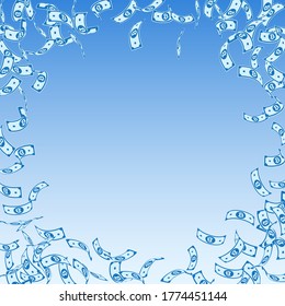Bitcoin, internet currency notes falling. Sparse BTC bills on blue sky background. Cryptocurrency, digital money. Adorable vector illustration. Amazing jackpot, wealth or success concept.