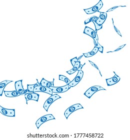 Bitcoin, internet currency notes falling. Floating BTC bills on white background. Cryptocurrency, digital money. Actual vector illustration. Magnificent jackpot, wealth or success concept.
