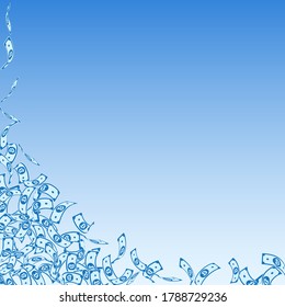 Bitcoin, internet currency notes falling. Small BTC bills on blue sky background. Cryptocurrency, digital money. Actual vector illustration. Brilliant jackpot, wealth or success concept.