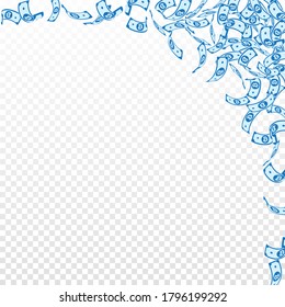 Bitcoin, internet currency notes falling. Small BTC bills on transparent background. Cryptocurrency, digital money. Actual vector illustration. Fresh jackpot, wealth or success concept.