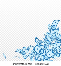 Bitcoin, internet currency notes falling. Messy BTC bills on transparent background. Cryptocurrency, digital money. Admirable vector illustration. Actual jackpot, wealth or success concept.