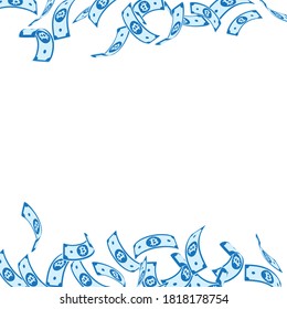 Bitcoin, internet currency notes falling. Floating BTC bills on white background. Cryptocurrency, digital money. Actual vector illustration. Outstanding jackpot, wealth or success concept.