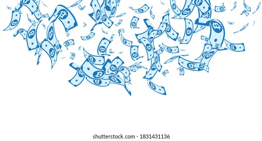 Bitcoin, internet currency notes falling. Random BTC bills on white background. Cryptocurrency, digital money. Alluring vector illustration. Pretty jackpot, wealth or success concept.