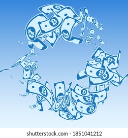 Bitcoin, billetes de internet cayendo. El desordenado BTC cuenta con el fondo azul del cielo. Criptomoneda, dinero digital. Ilustración vectorial adorable. Auténtico botín, riqueza o concepto de éxito.