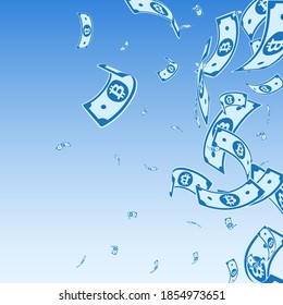 Bitcoin, internet currency notes falling. Random BTC bills on blue sky background. Cryptocurrency, digital money. Admirable vector illustration. Radiant jackpot, wealth or success concept.