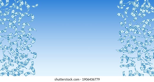 Bitcoin, internet currency notes falling. Sparse BTC bills on blue sky background. Cryptocurrency, digital money. Alluring vector illustration. Divine jackpot, wealth or success concept.