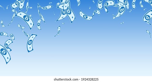 Bitcoin, internet currency notes falling. Random BTC bills on blue sky background. Cryptocurrency, digital money. Alluring vector illustration. Adorable jackpot, wealth or success concept.