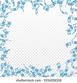 Bitcoin, internet currency notes falling. Sparse BTC bills on transparent background. Cryptocurrency, digital money. Admirable vector illustration. Classic jackpot, wealth or success concept.