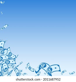 Bitcoin, internet currency notes falling. Messy BTC bills on blue sky background. Cryptocurrency, digital money. Actual vector illustration. Bizarre jackpot, wealth or success concept.