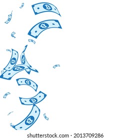 Bitcoin, internet currency notes falling. Random BTC bills on white background. Cryptocurrency, digital money. Adorable vector illustration. Fancy jackpot, wealth or success concept.