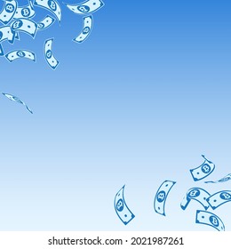 Bitcoin, internet currency notes falling. Floating BTC bills on blue sky background. Cryptocurrency, digital money. Adorable vector illustration. Captivating jackpot, wealth or success concept.