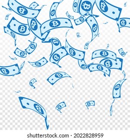 Bitcoin, internet currency notes falling. Random BTC bills on transparent background. Cryptocurrency, digital money. Alive vector illustration. Fabulous jackpot, wealth or success concept.