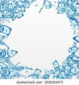 Bitcoin, internet currency notes falling. Messy BTC bills on transparent background. Cryptocurrency, digital money. Admirable vector illustration. Cute jackpot, wealth or success concept.