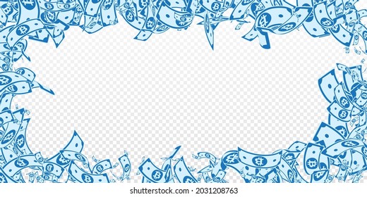 Bitcoin, internet currency notes falling. Messy BTC bills on transparent background. Cryptocurrency, digital money. Alluring vector illustration. Ideal jackpot, wealth or success concept.