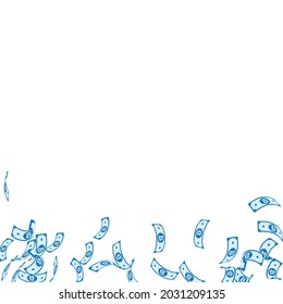 Bitcoin, internet currency notes falling. Sparse BTC bills on white background. Cryptocurrency, digital money. Actual vector illustration. Awesome jackpot, wealth or success concept.