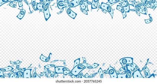 Bitcoin, internet currency notes falling. Messy BTC bills on transparent background. Cryptocurrency, digital money. Alluring vector illustration. Fascinating jackpot, wealth or success concept.